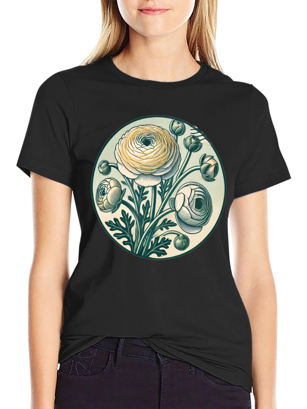 Floral Graphic Tee - Botanical Art Black T-Shirt