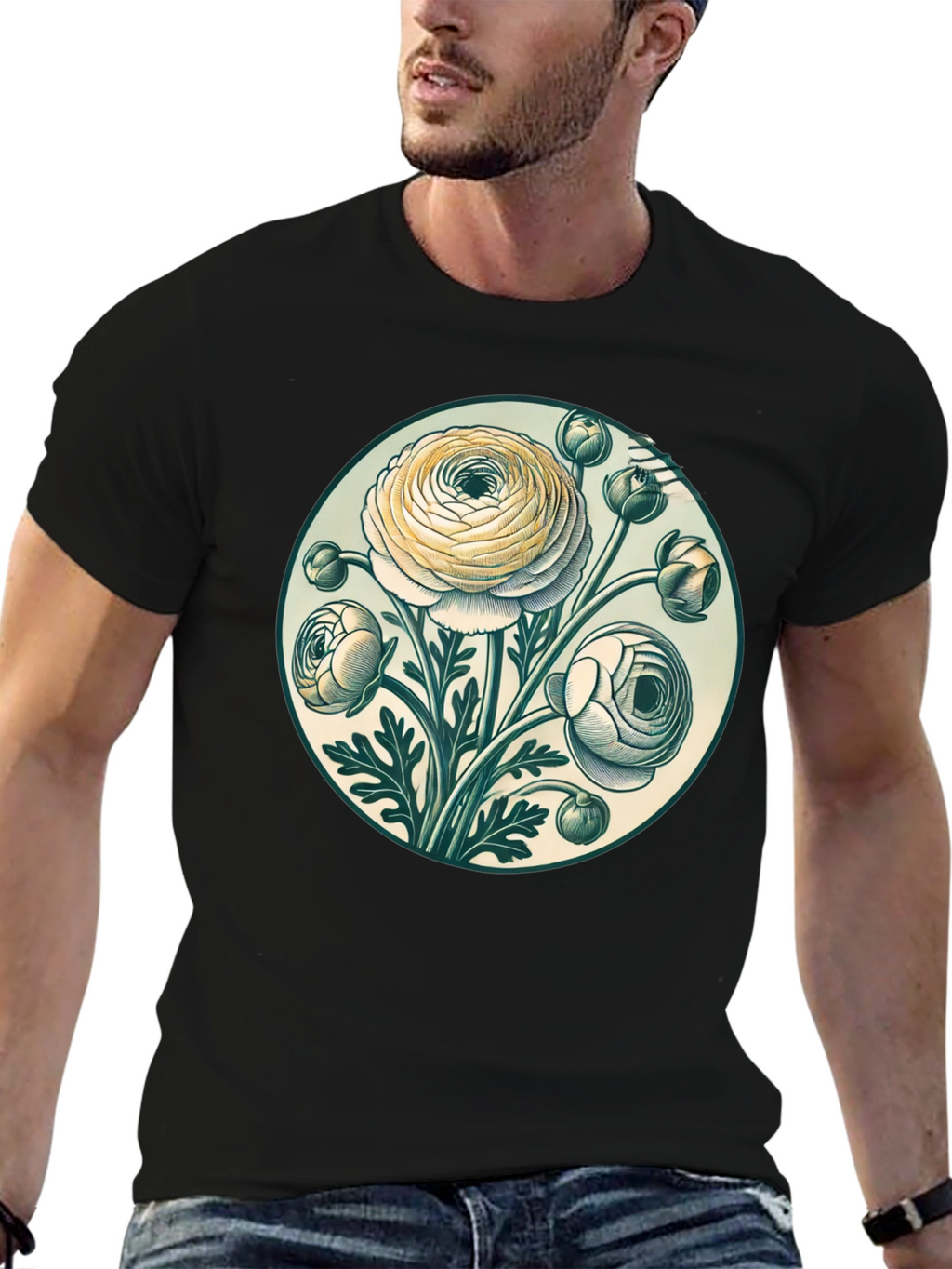 Floral Graphic Tee - Botanical Art Black T-Shirt