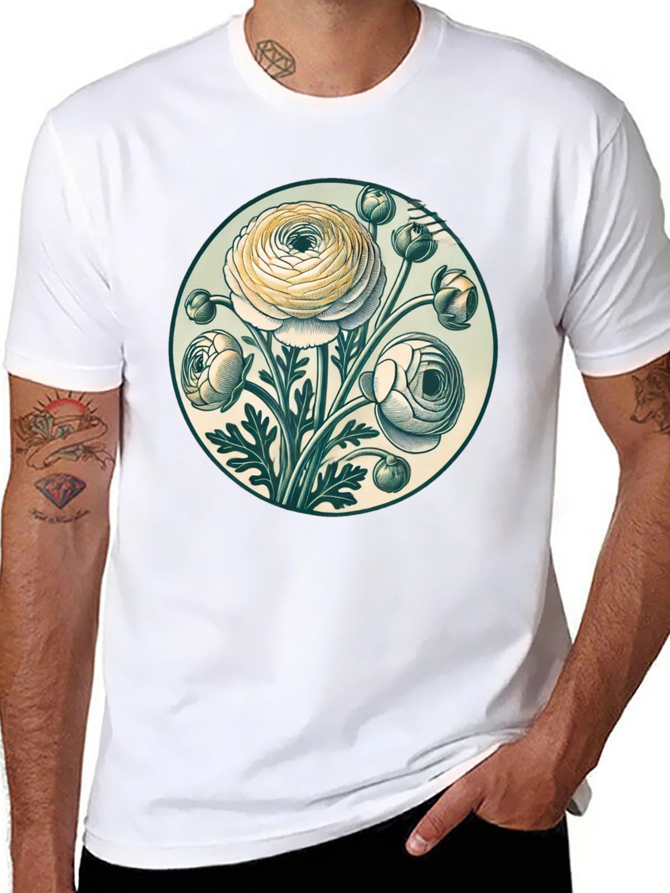 Floral Graphic Tee - Botanical Art Black T-Shirt