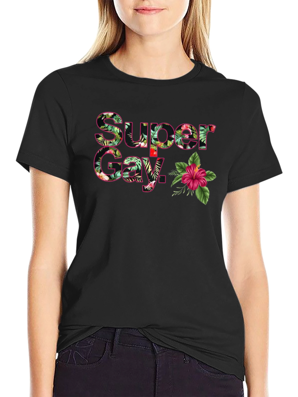 Super Gay Tropical Floral Graphic T-Shirt - Black