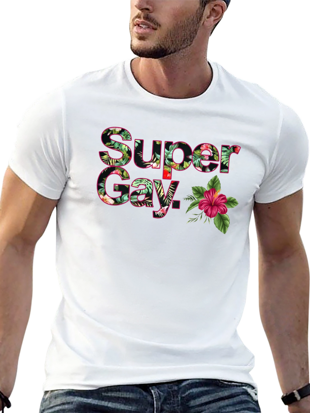 Super Gay Tropical Floral Graphic T-Shirt - Black