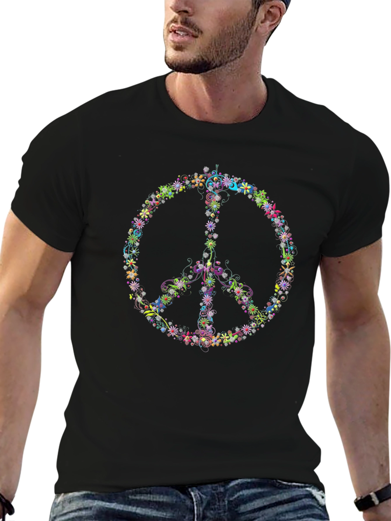 Floral Peace Sign Black T-Shirt