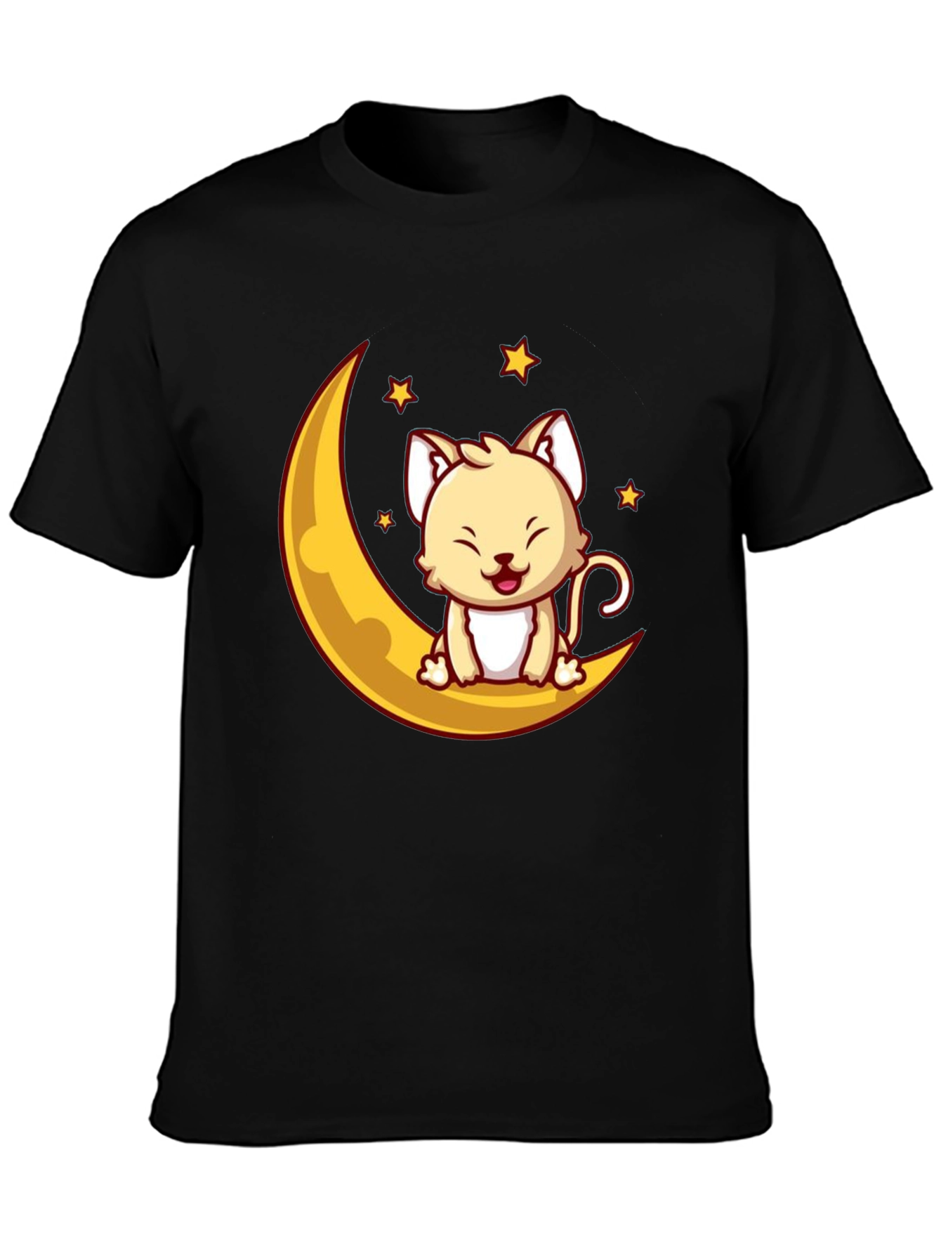 Cute Cat on Moon Graphic Tee - Black Cotton T-Shirt