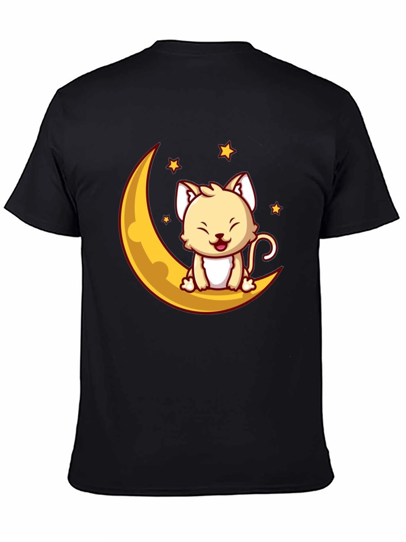Cute Cat on Moon Graphic Tee - Black Cotton T-Shirt