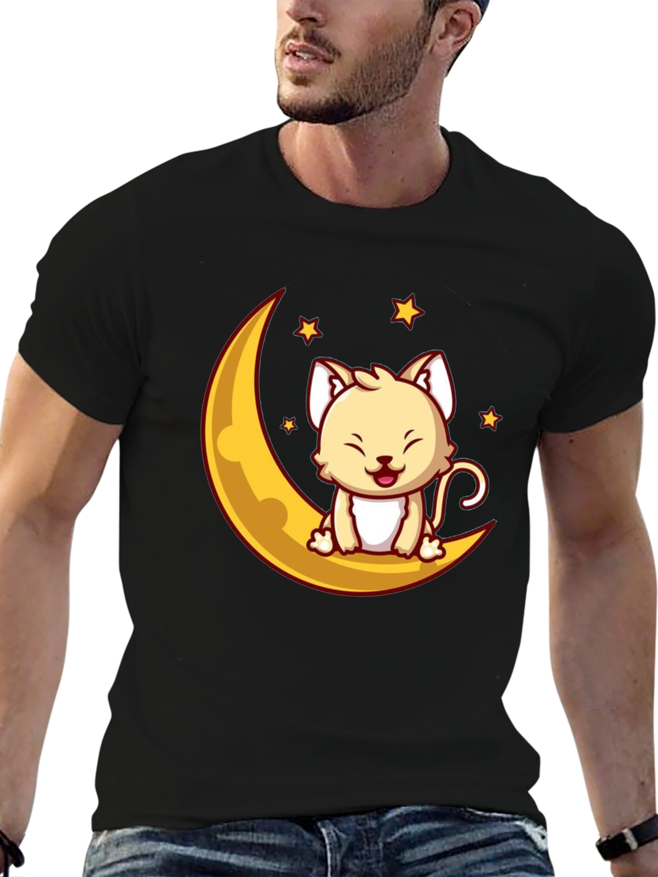 Cute Cat on Moon Graphic Tee - Black Cotton T-Shirt