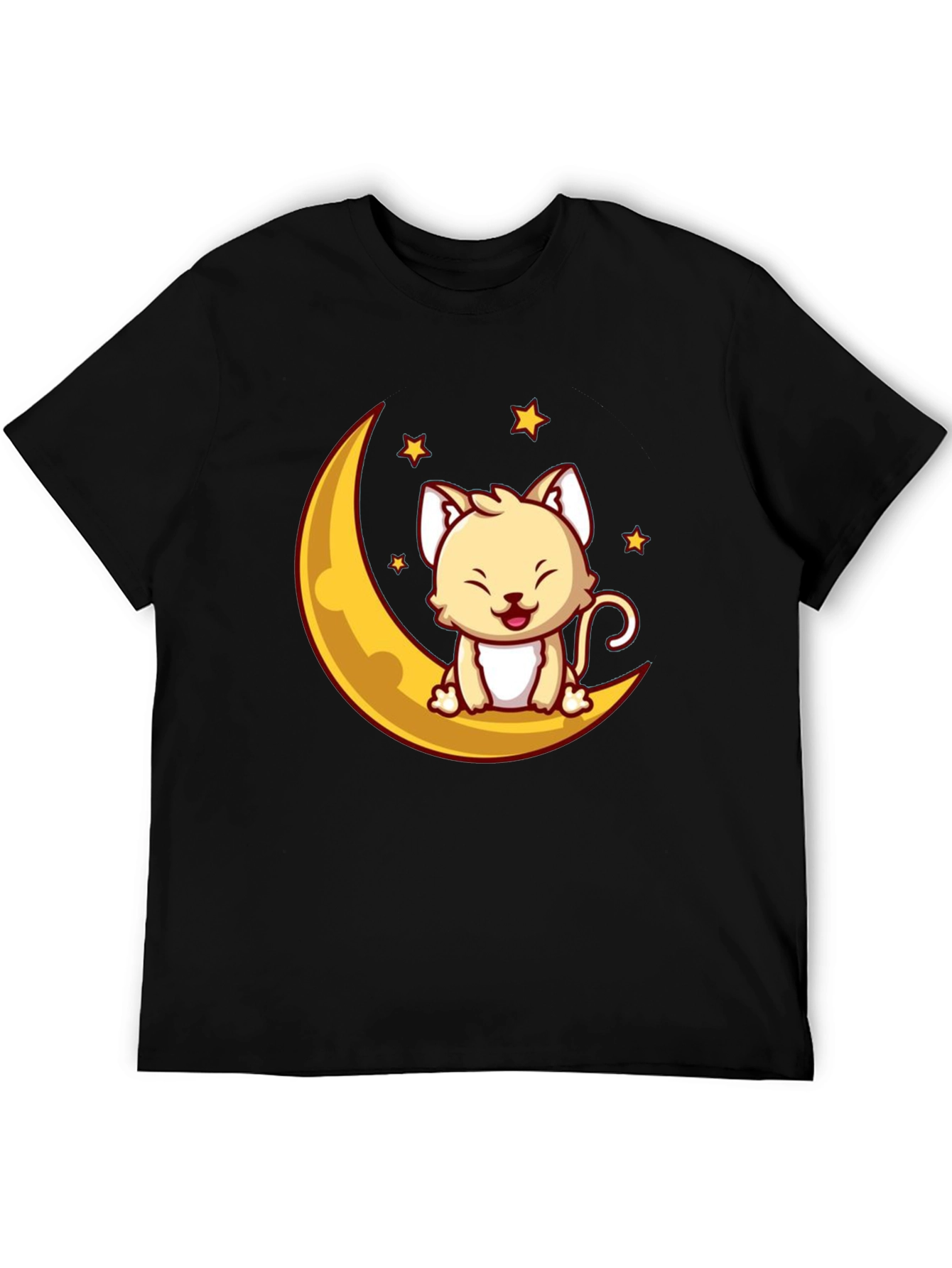 Cute Cat on Moon Graphic Tee - Black Cotton T-Shirt