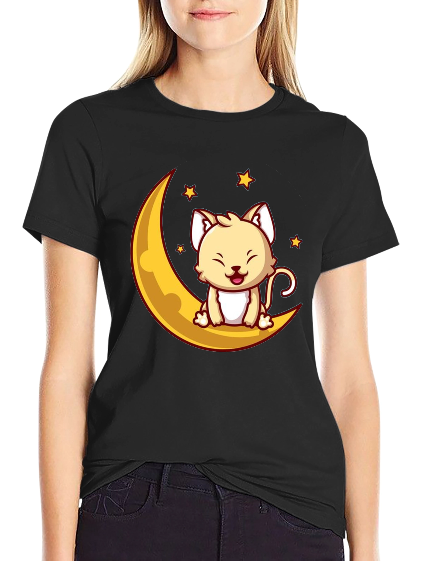 Cute Cat on Moon Graphic Tee - Black Cotton T-Shirt