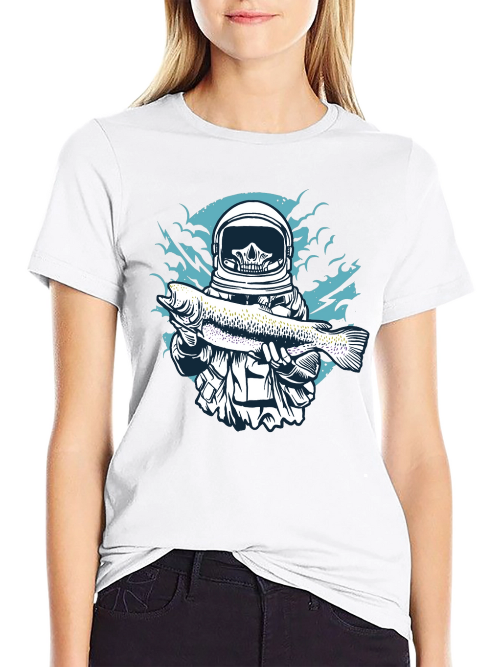 Skull Astronaut Holding Fish Graphic T-Shirt