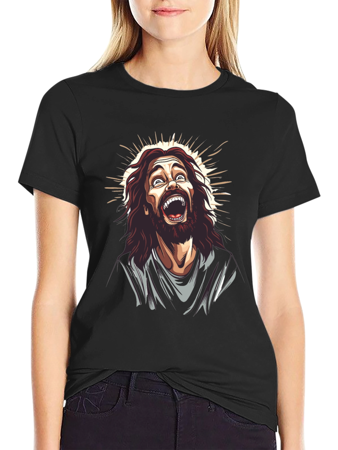 Laughing Jesus Graphic Tee - Black Cotton Blend