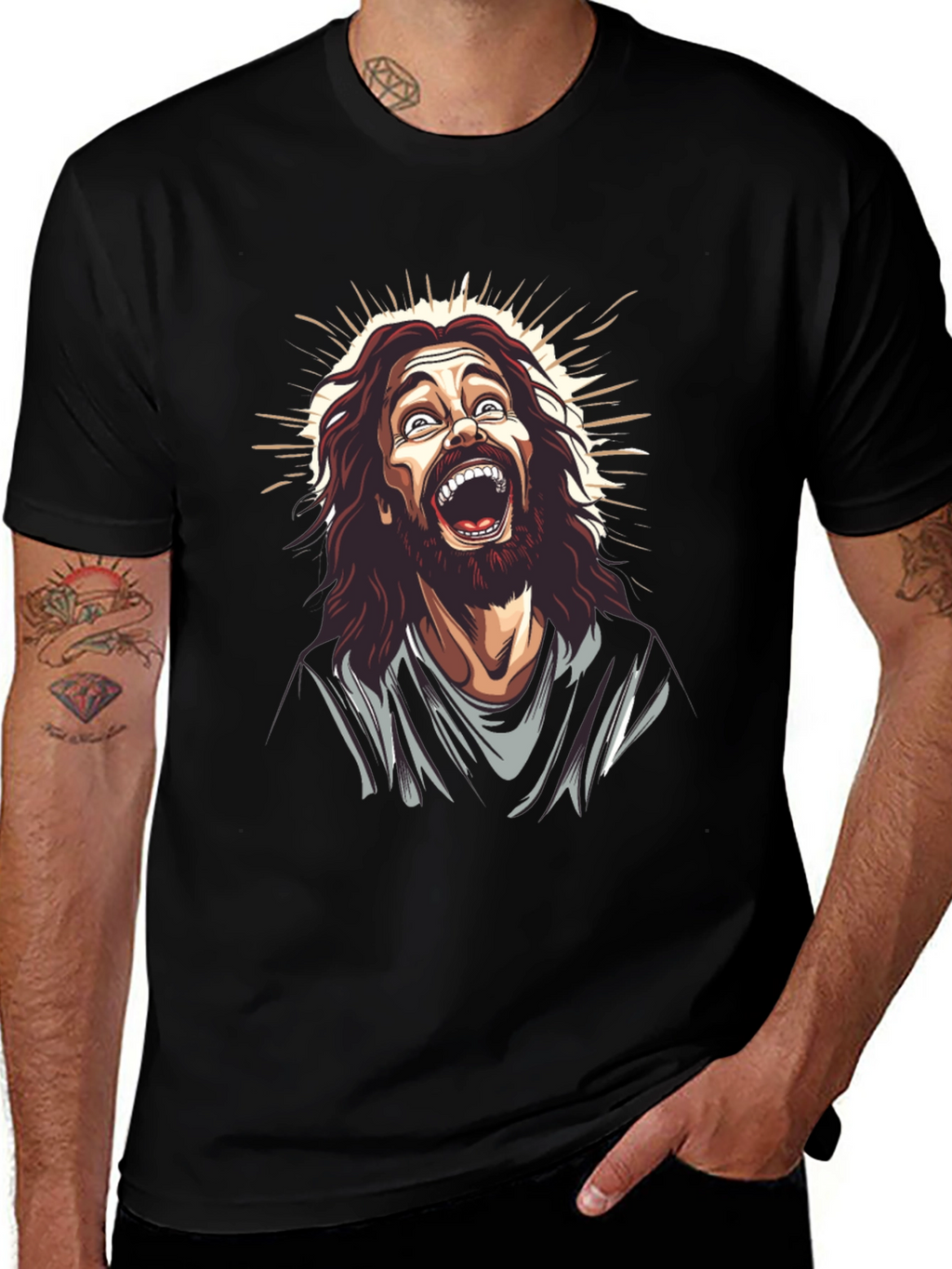 Laughing Jesus Graphic Tee - Black Cotton Blend