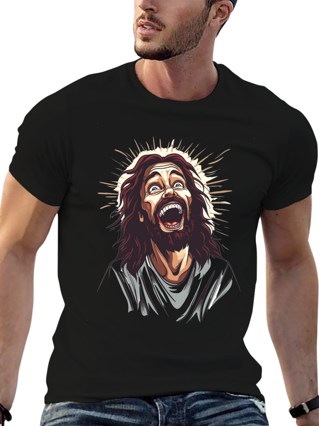 Laughing Jesus Graphic Tee - Black Cotton Blend