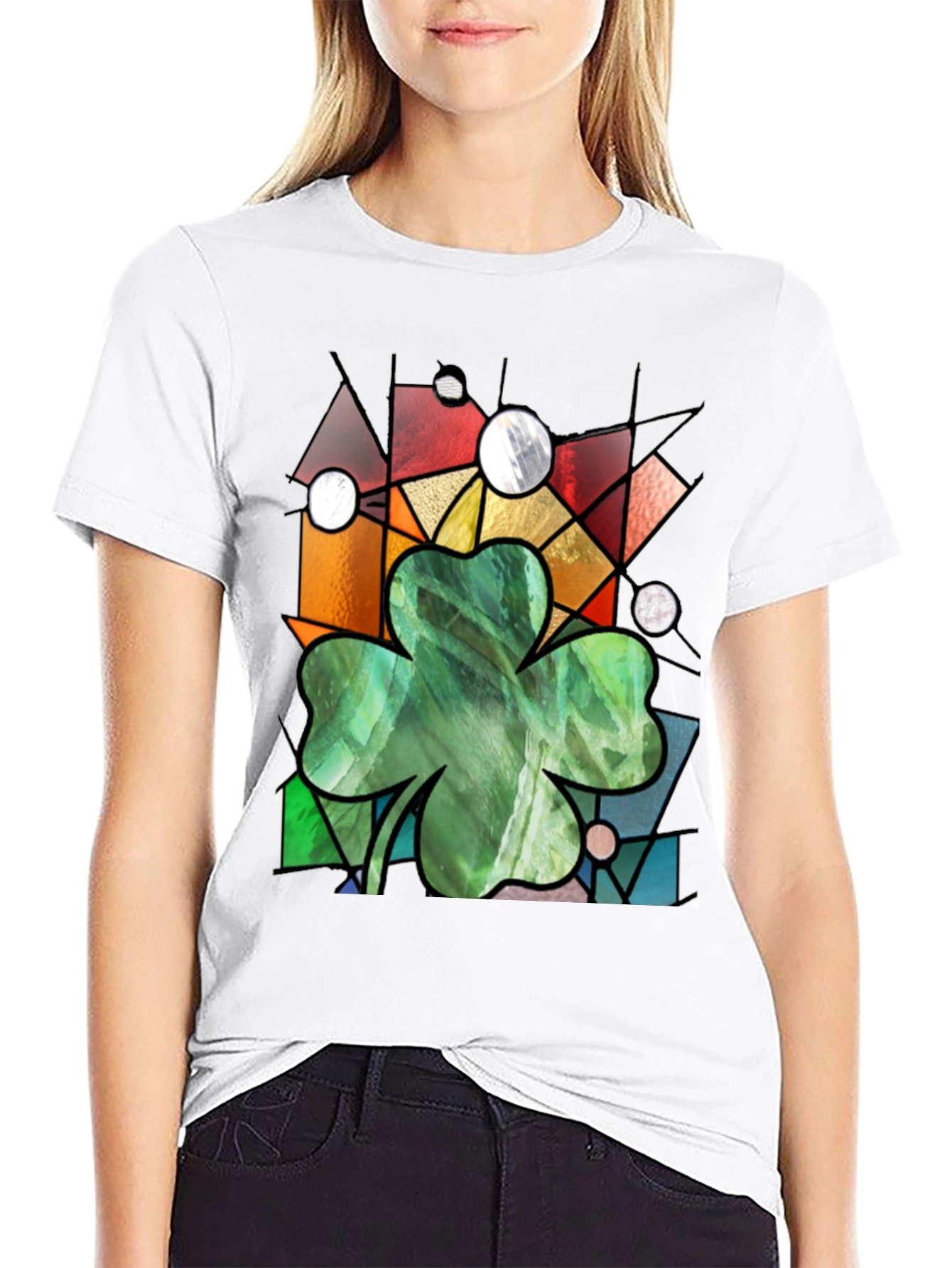 St Patricks Day Shamrock T-Shirt Stained Glass Style