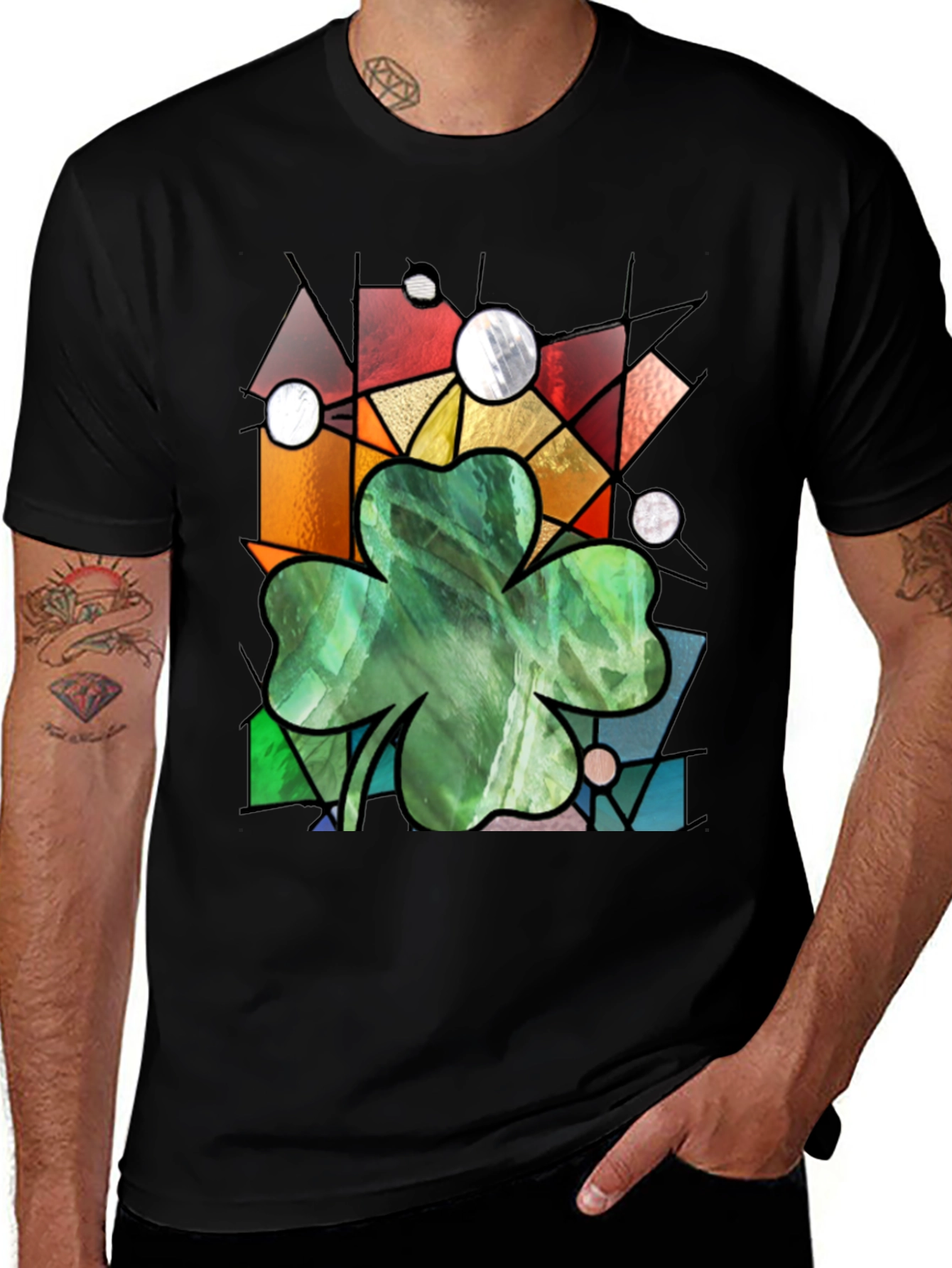 St Patricks Day Shamrock T-Shirt Stained Glass Style