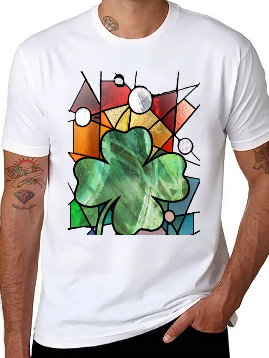 St Patricks Day Shamrock T-Shirt Stained Glass Style
