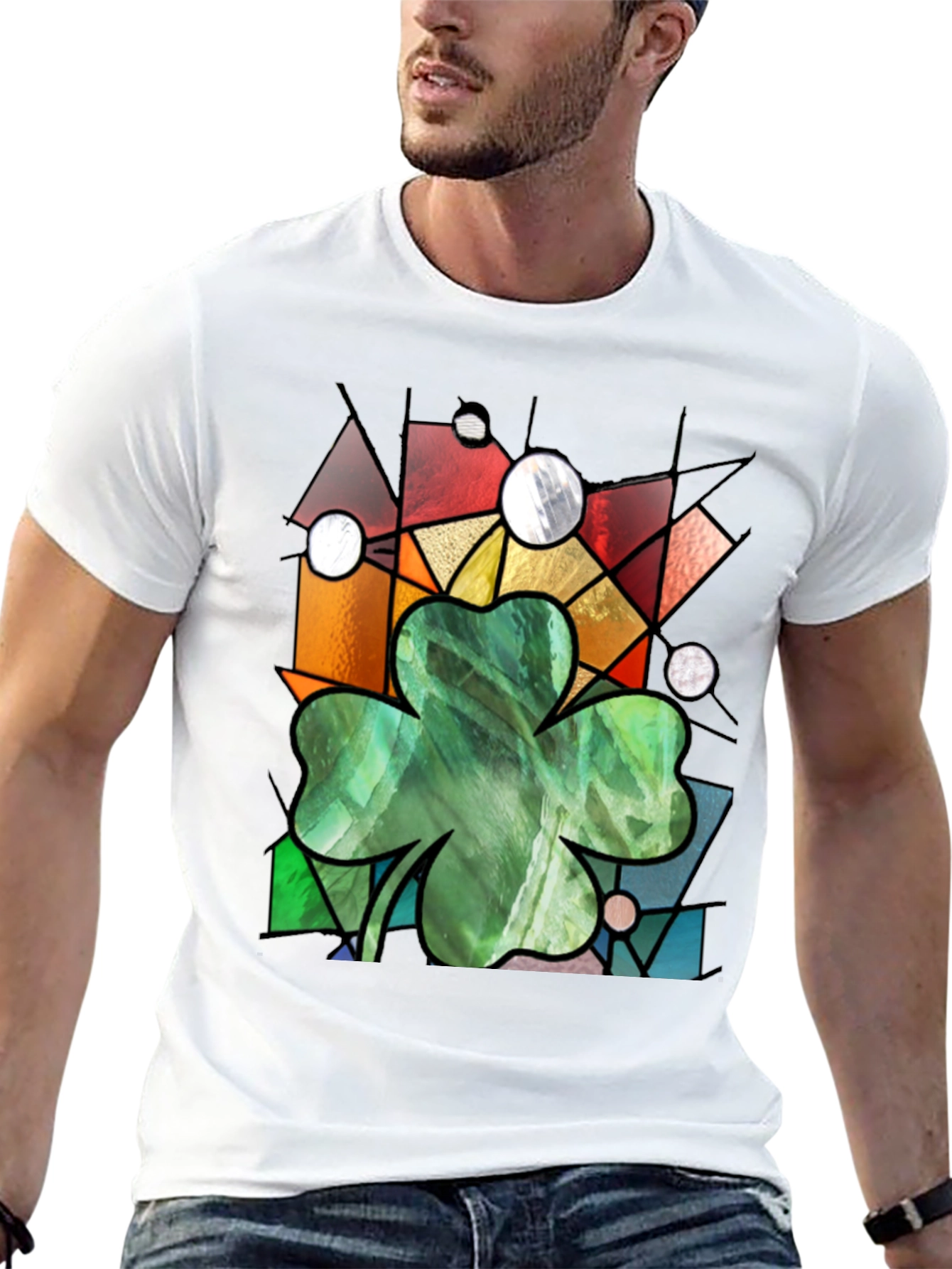 St Patricks Day Shamrock T-Shirt Stained Glass Style