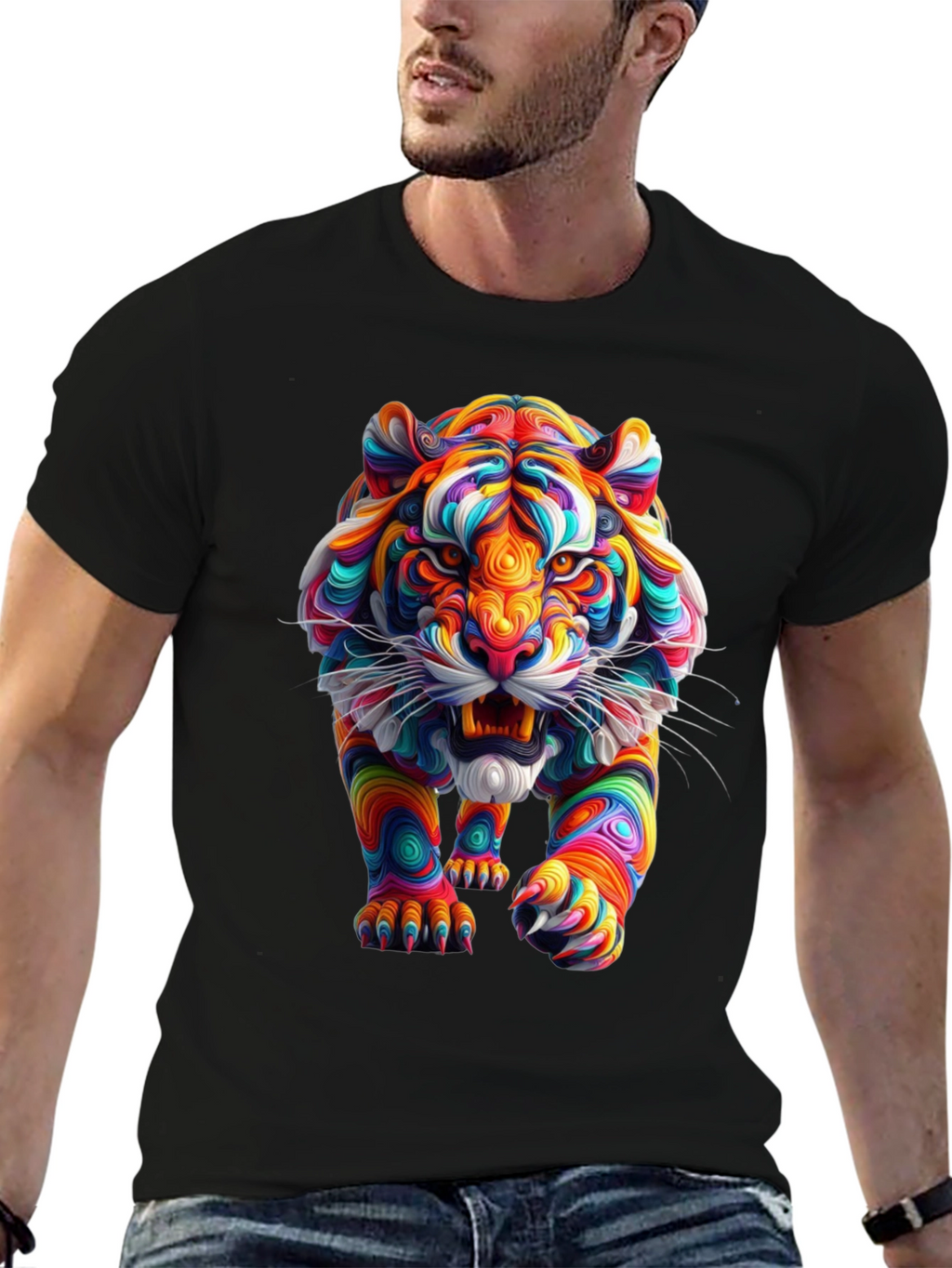Vibrant Tiger Graphic Print Black T-Shirt