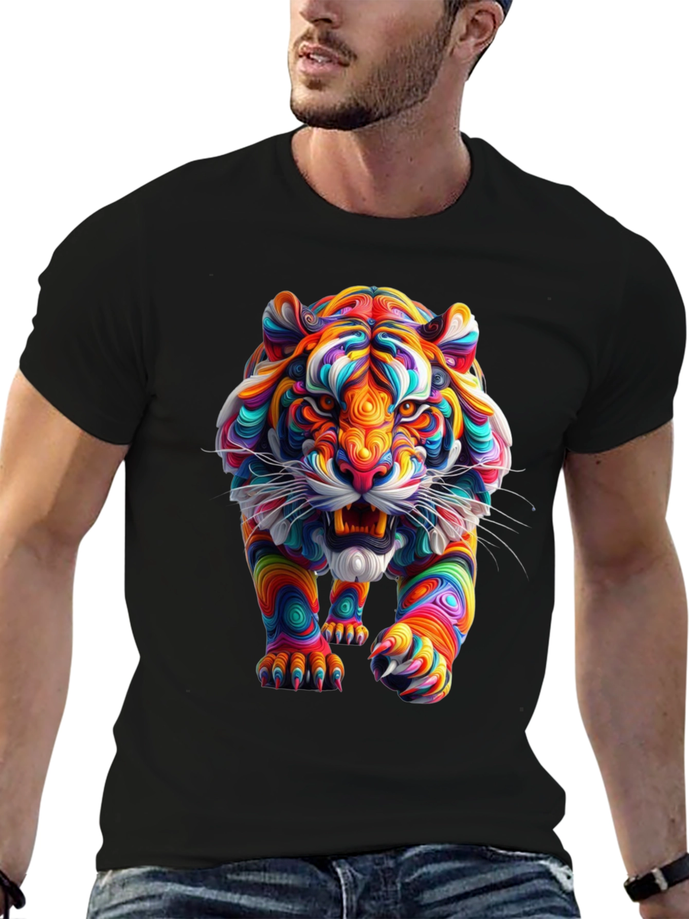 Vibrant Tiger Graphic Print Black T-Shirt