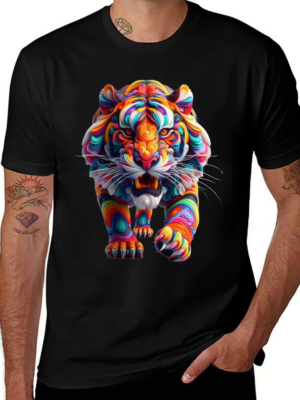 Vibrant Tiger Graphic Print Black T-Shirt