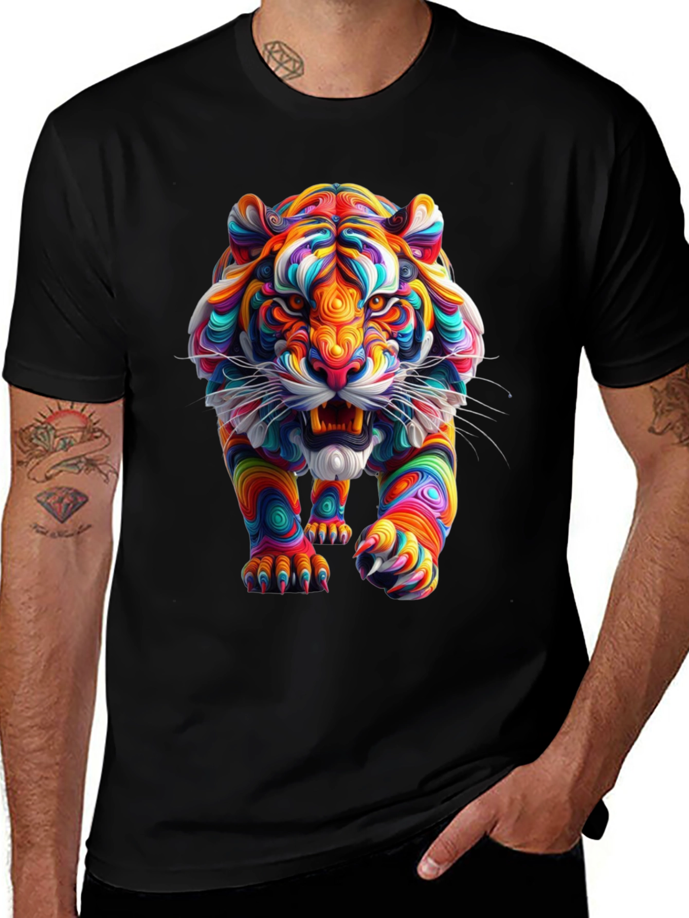 Vibrant Tiger Graphic Print Black T-Shirt