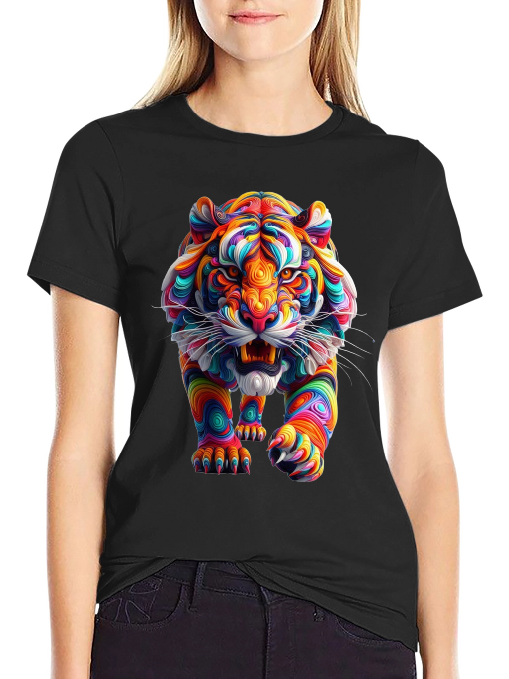 Vibrant Tiger Graphic Print Black T-Shirt