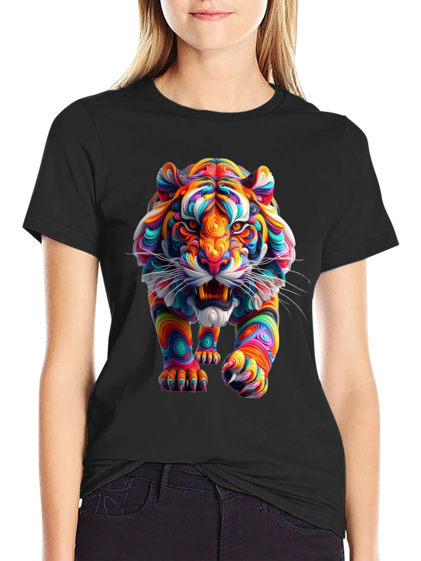 Vibrant Tiger Graphic Print Black T-Shirt
