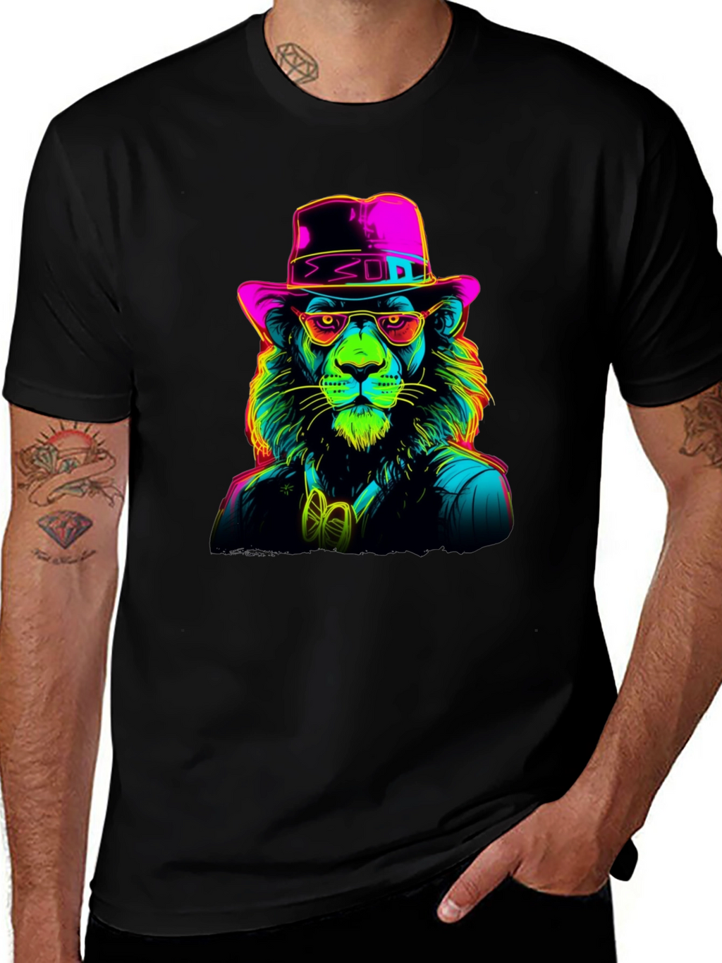 Neon Lion Graphic Tee - Cool Animal Print