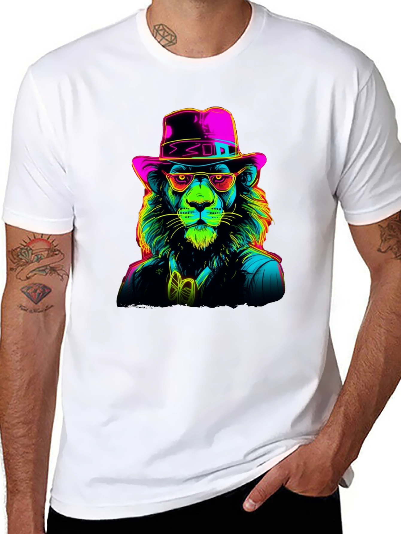 Neon Lion Graphic Tee - Cool Animal Print