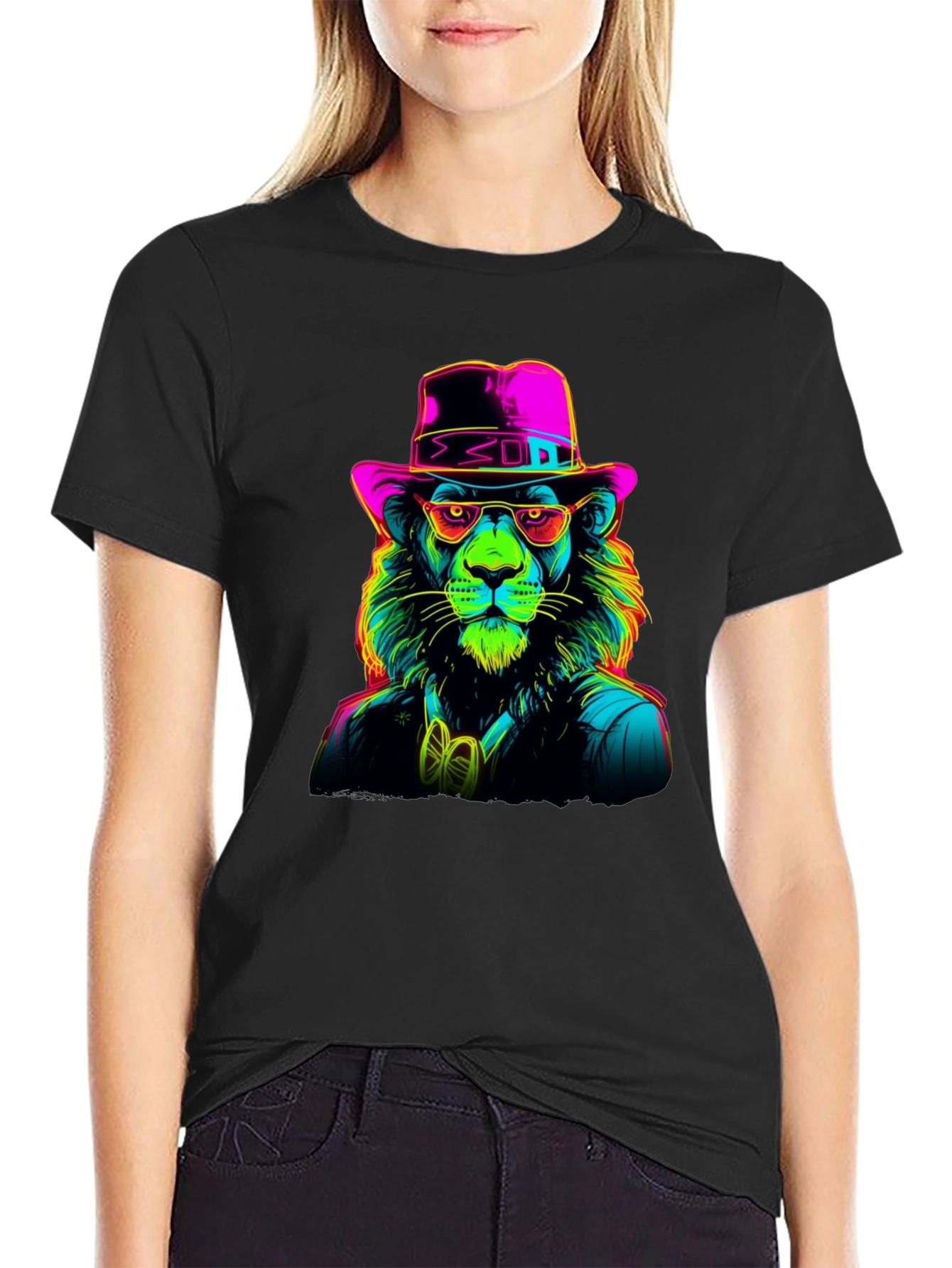 Neon Lion Graphic Tee - Cool Animal Print