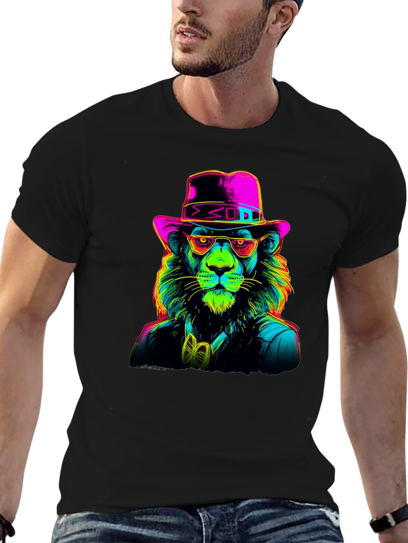 Neon Lion Graphic Tee - Cool Animal Print