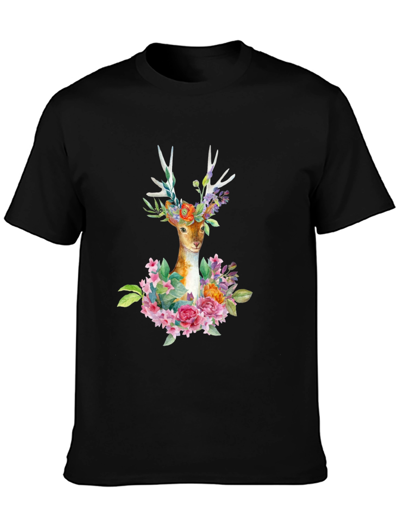 Floral Deer Graphic Tee - Trendy Mens Black T-Shirt