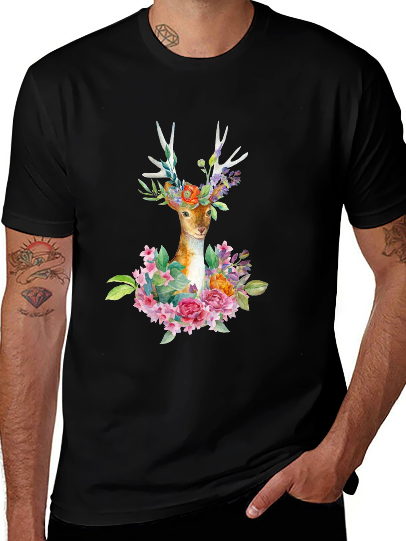 Floral Deer Graphic Tee - Trendy Mens Black T-Shirt