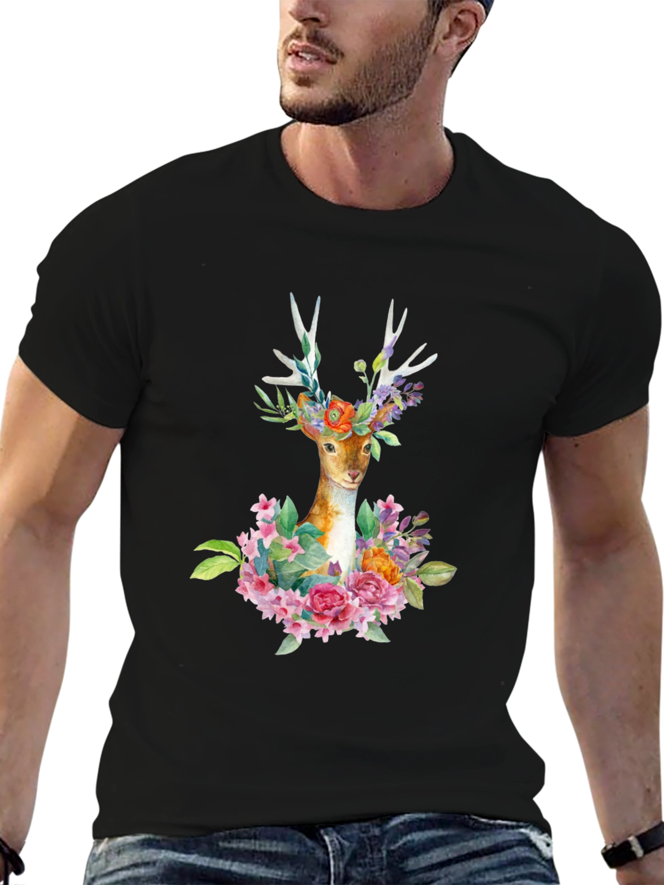 Floral Deer Graphic Tee - Trendy Mens Black T-Shirt