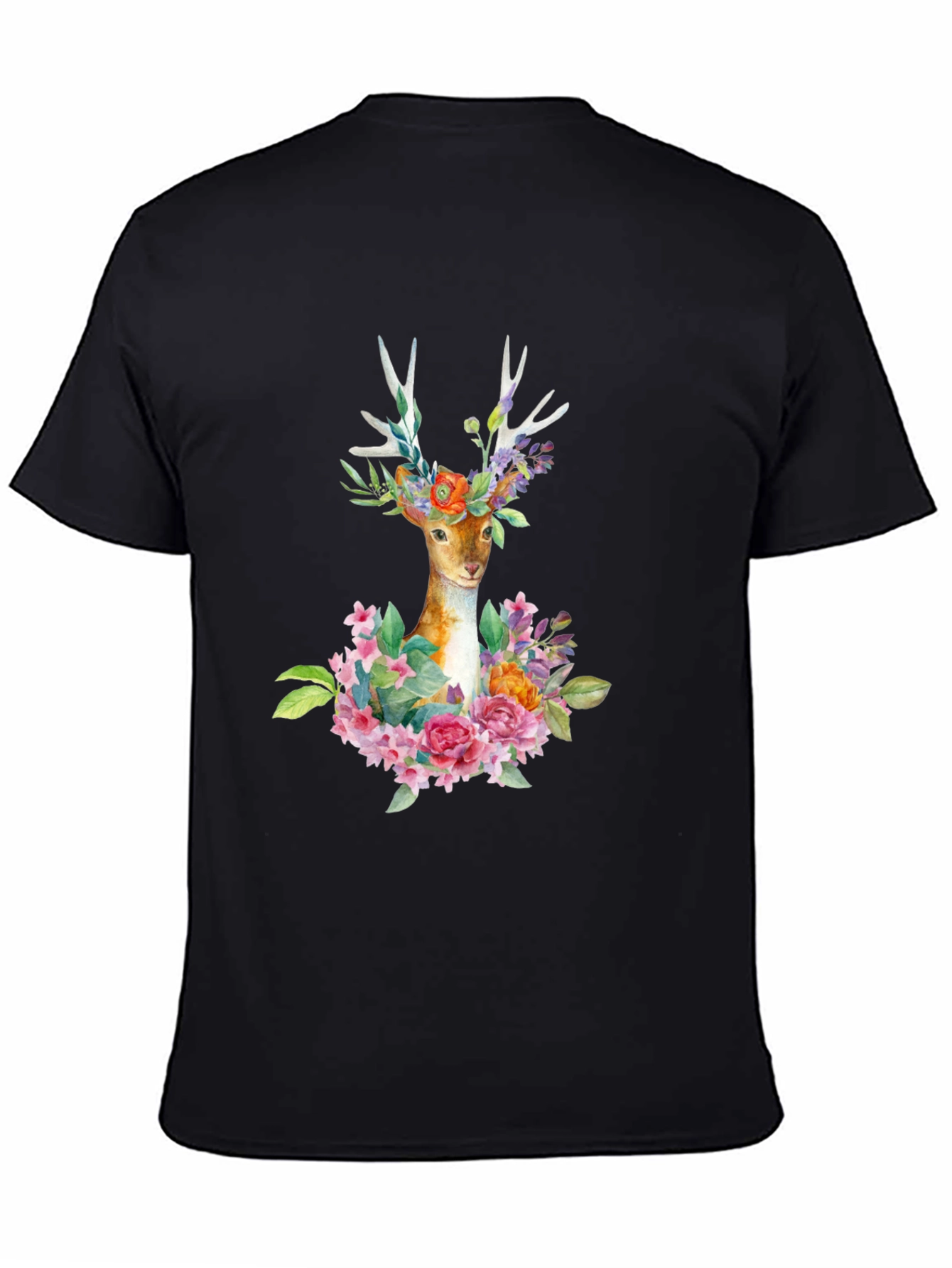 Floral Deer Graphic Tee - Trendy Mens Black T-Shirt