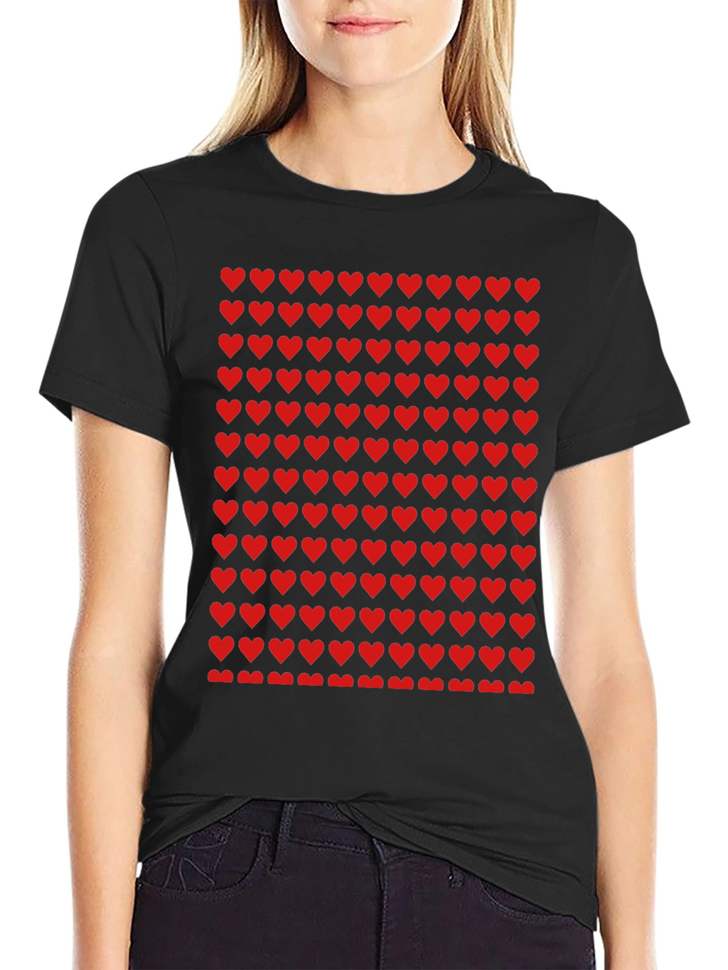 Red Heart Pattern Black T-Shirt