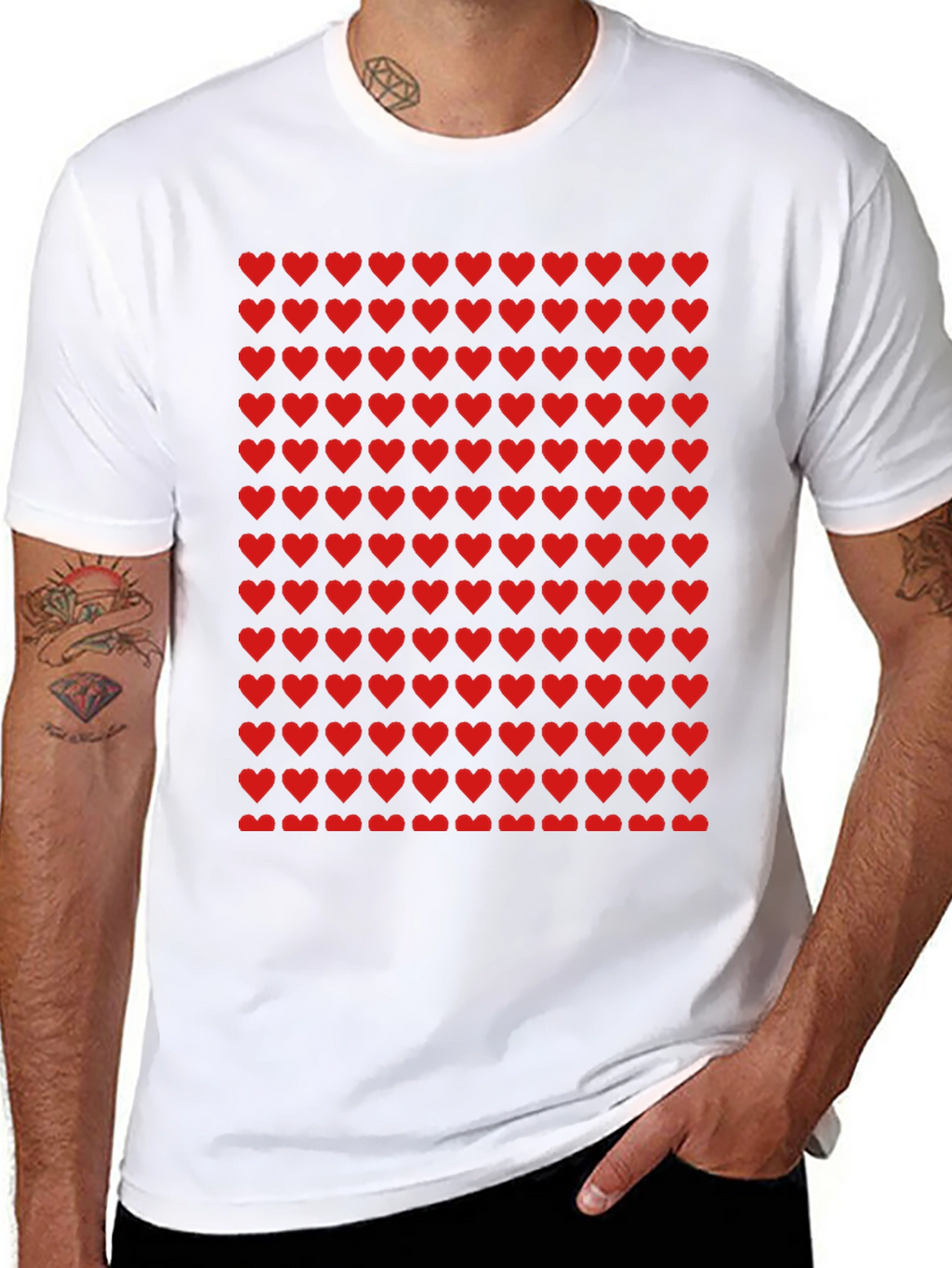 Red Heart Pattern Black T-Shirt