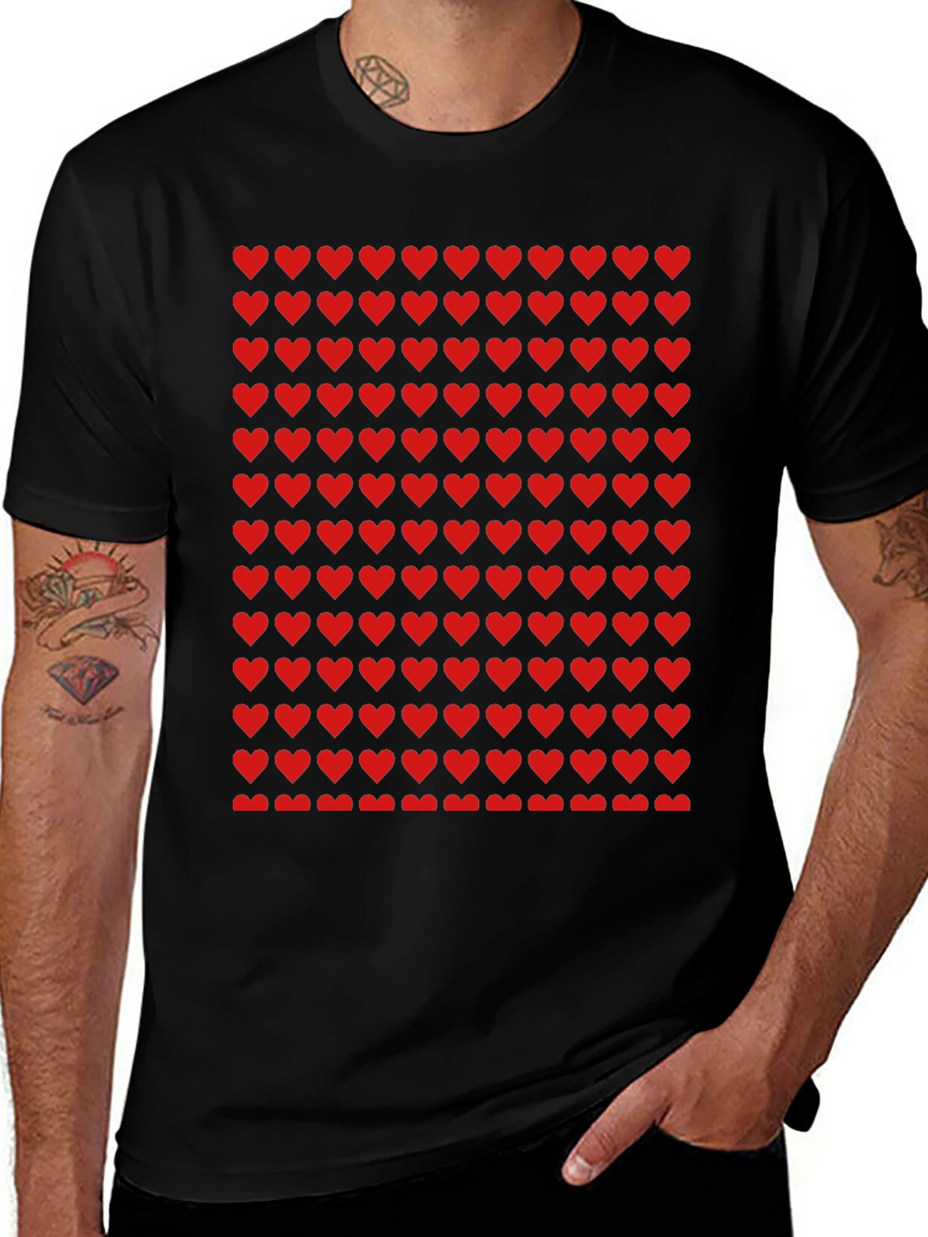 Red Heart Pattern Black T-Shirt