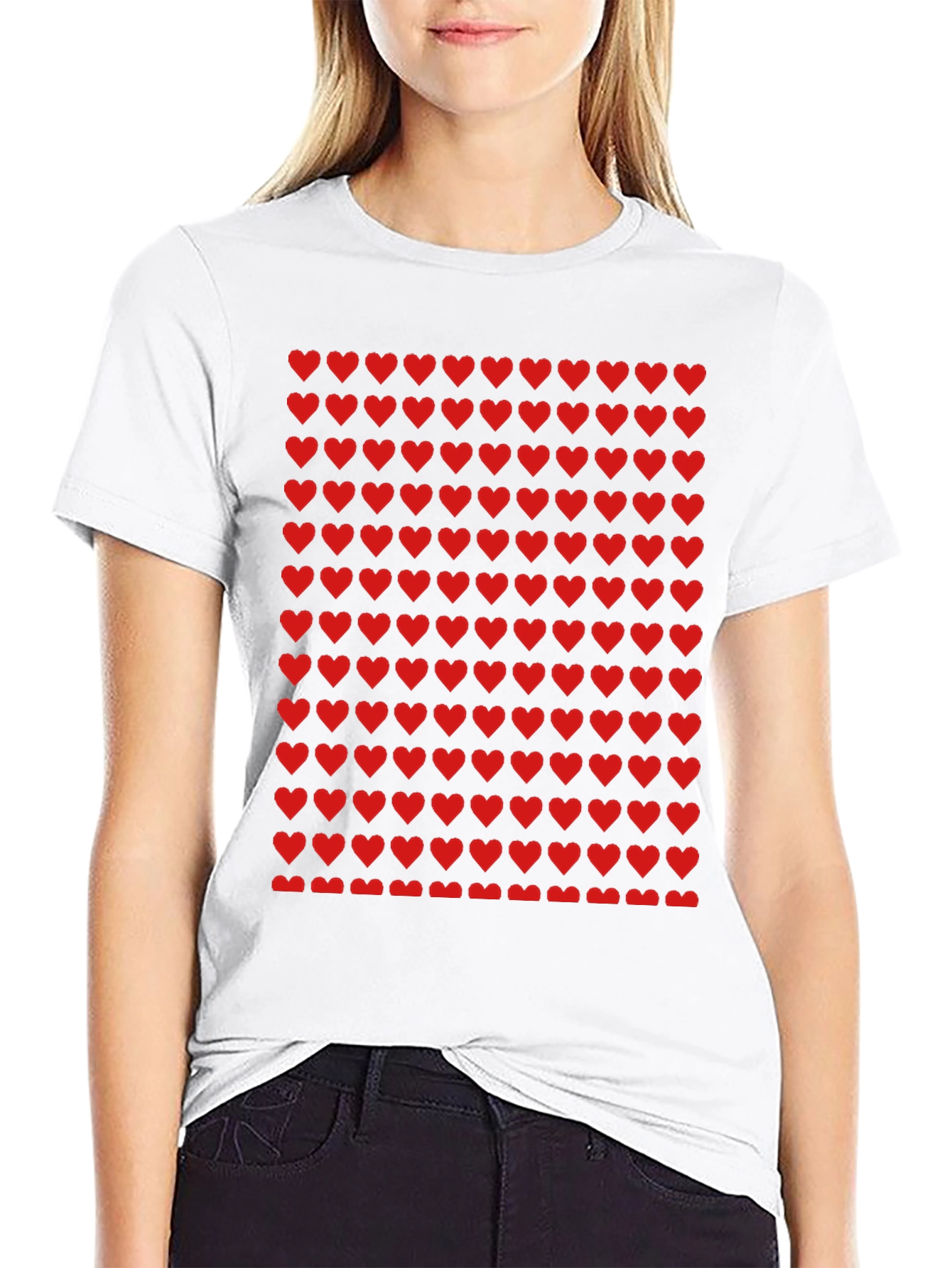 Red Heart Pattern Black T-Shirt
