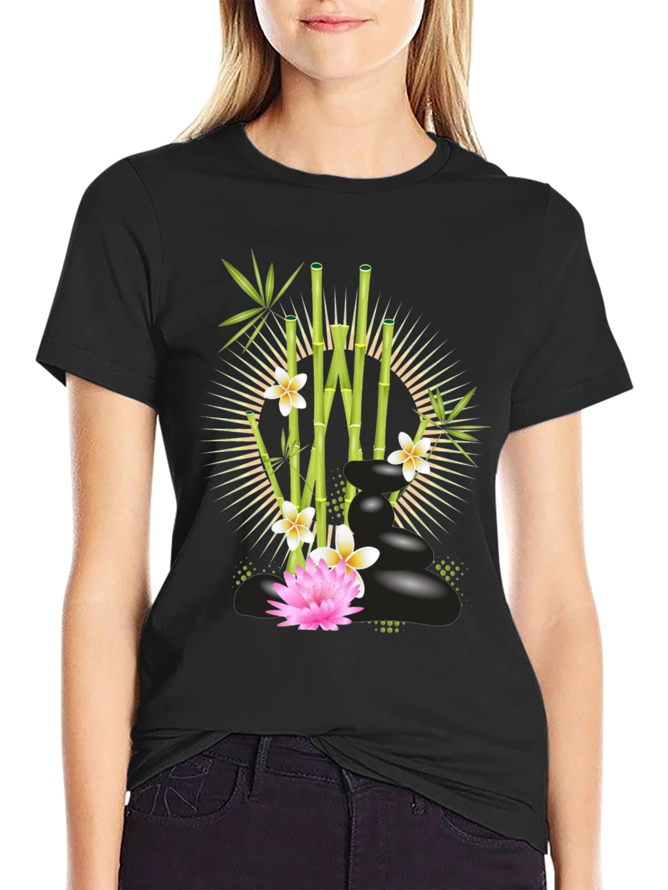 Zen Garden T-Shirt: Bamboo Lotus & Spa Stones Design