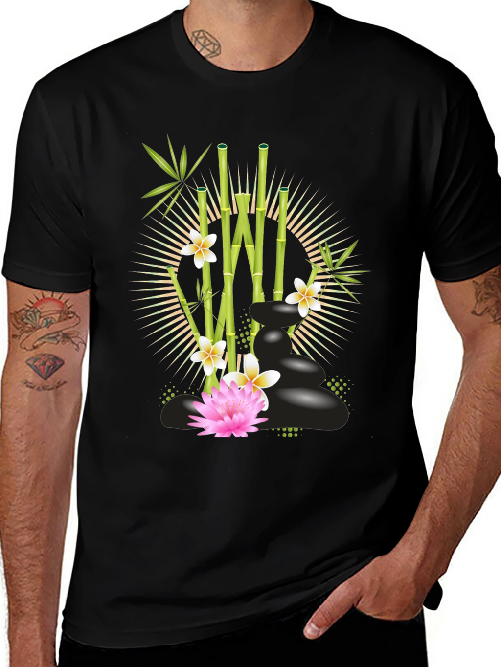 Zen Garden T-Shirt: Bamboo Lotus & Spa Stones Design