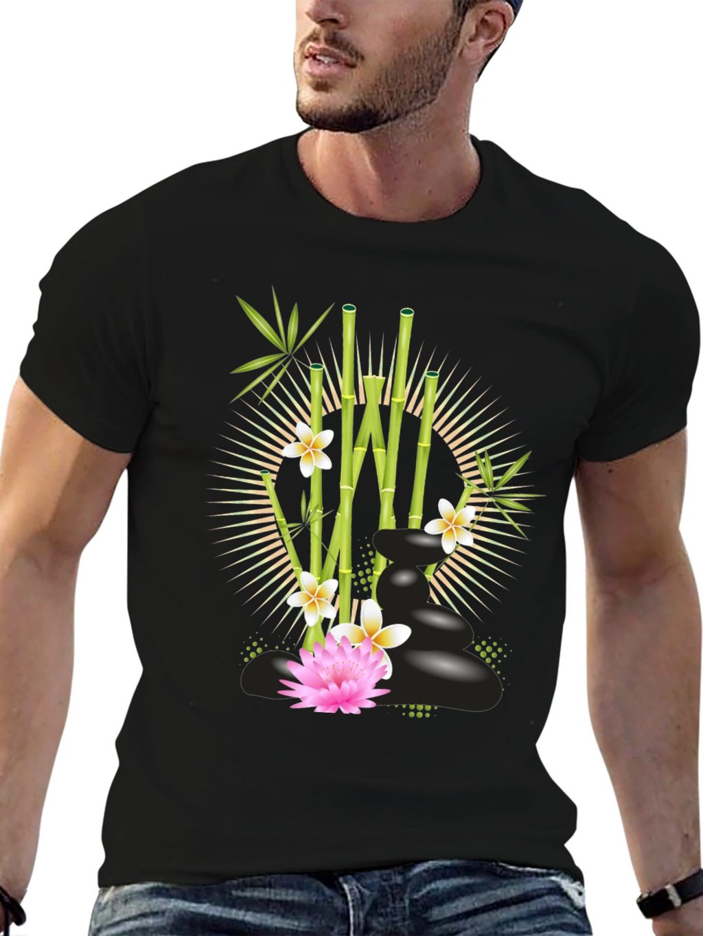 Zen Garden T-Shirt: Bamboo Lotus & Spa Stones Design