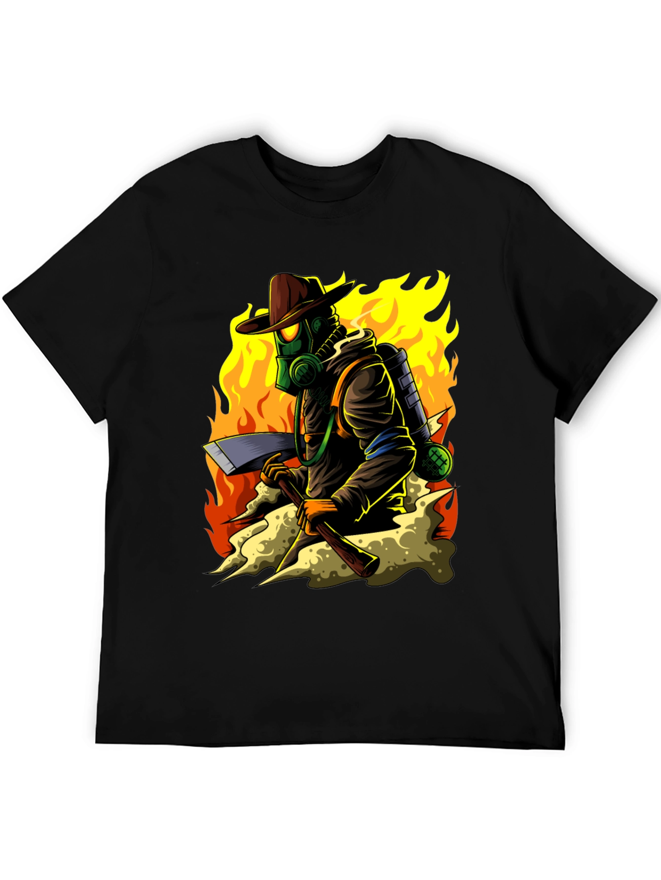Firefighter Cartoon Graphic Black T-Shirt