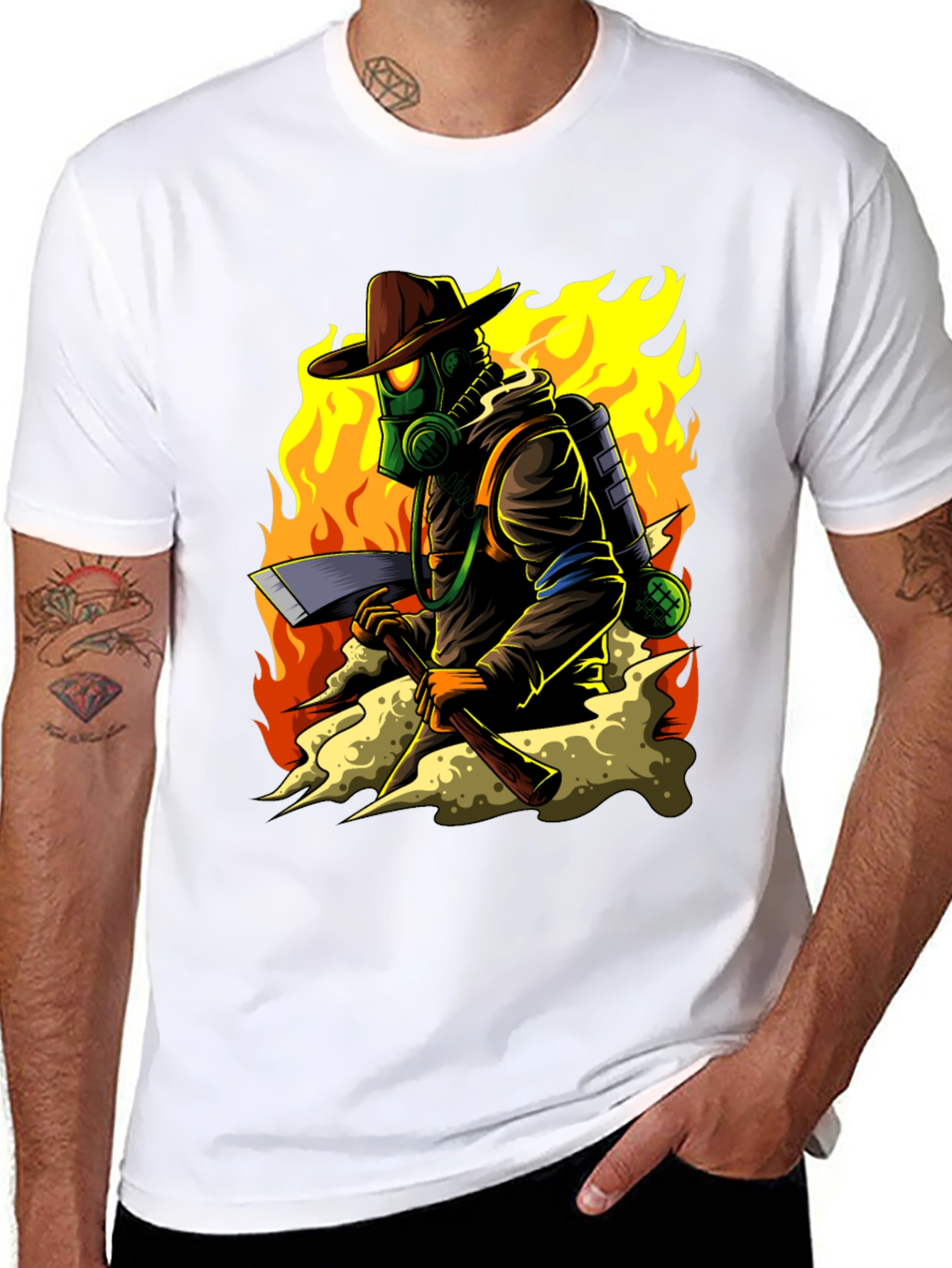 Firefighter Cartoon Graphic Black T-Shirt