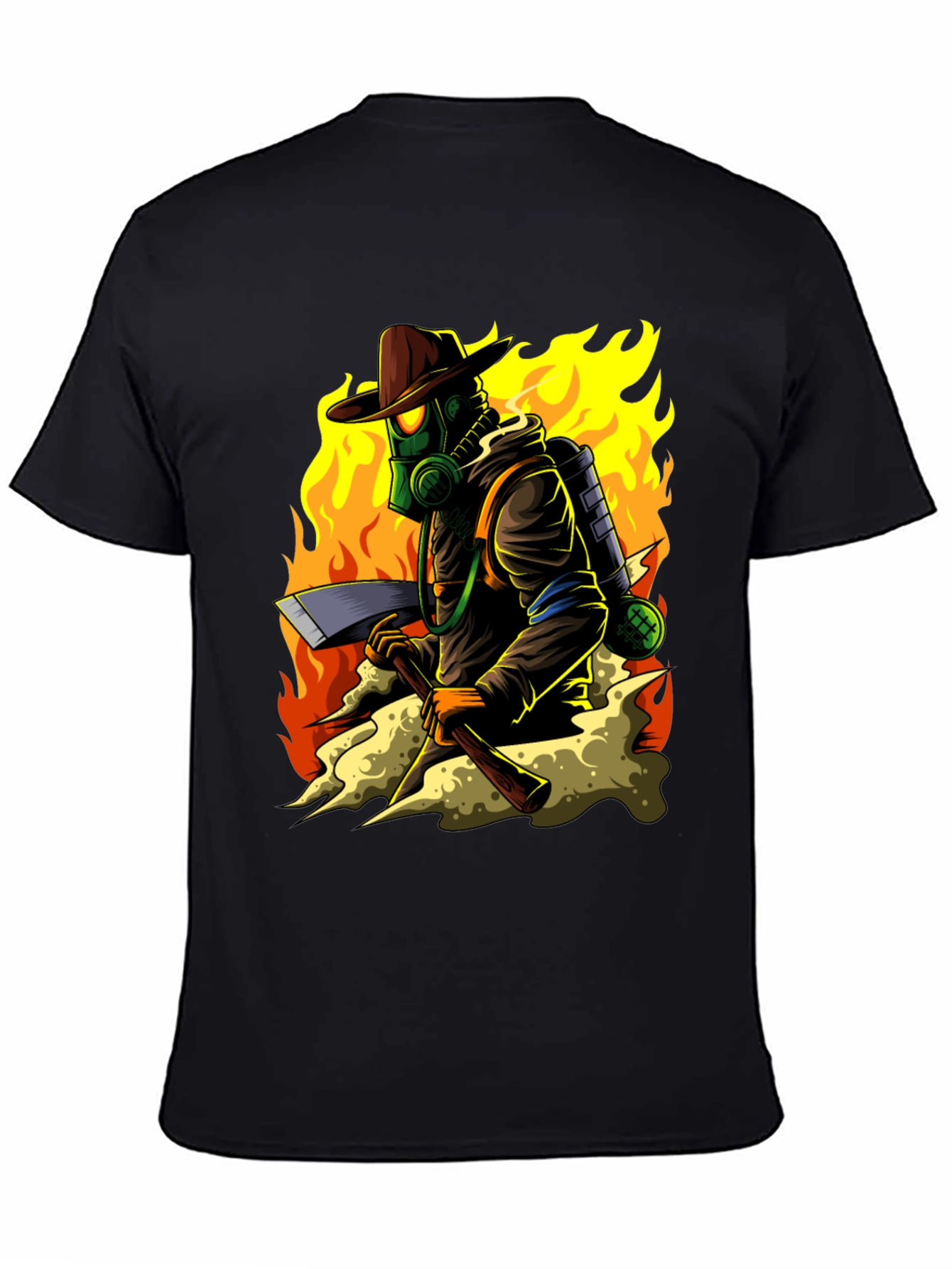 Firefighter Cartoon Graphic Black T-Shirt