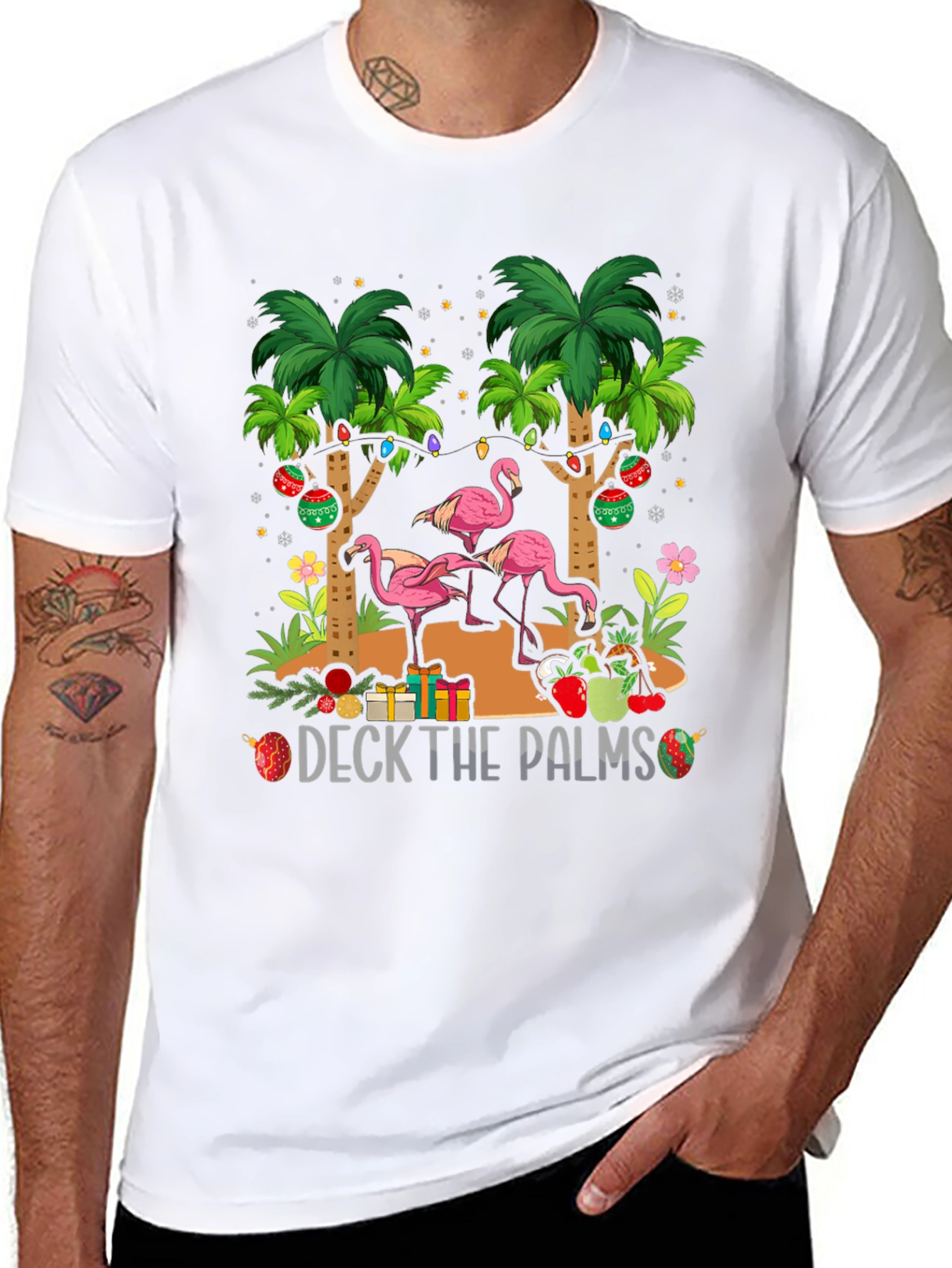 Deck the Palms Flamingo Christmas T-Shirt