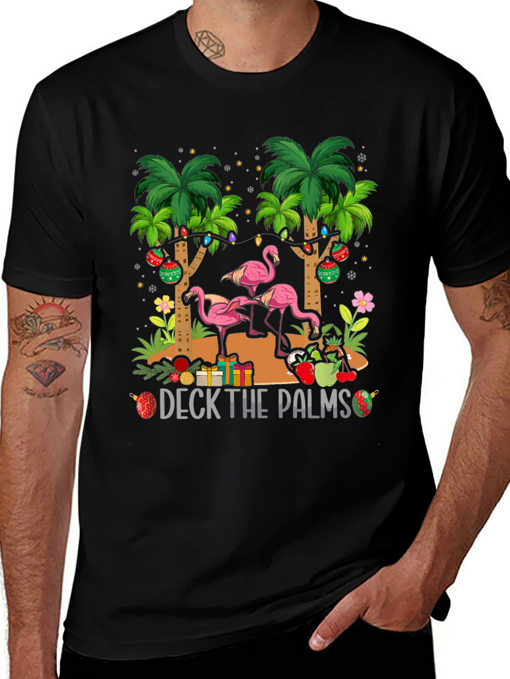 Deck the Palms Flamingo Christmas T-Shirt