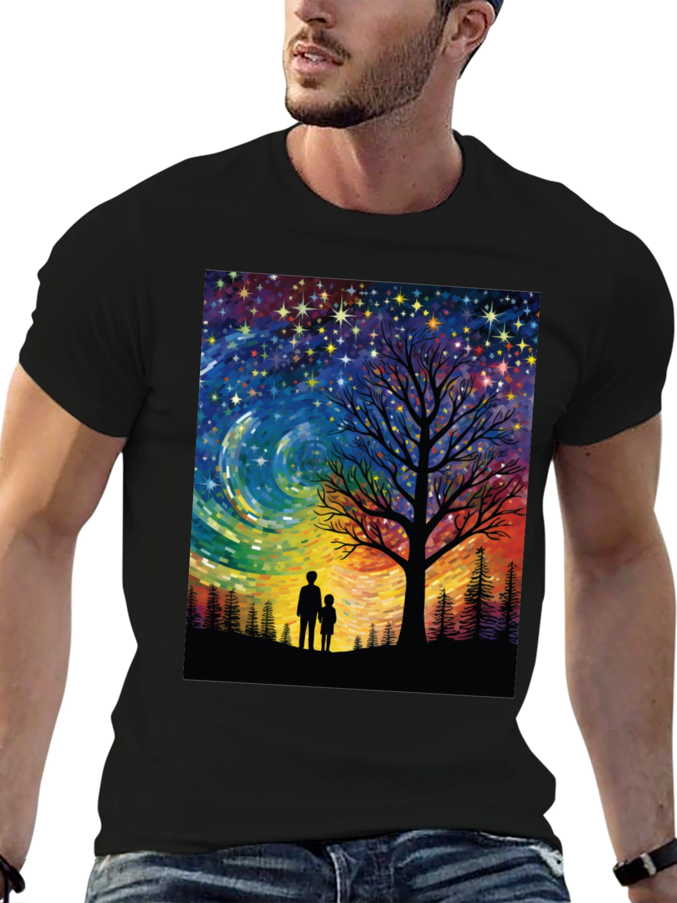 Starry Night Tree Silhouette Graphic Tee