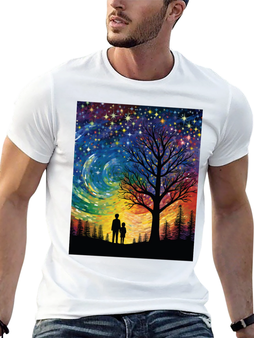 Starry Night Tree Silhouette Graphic Tee