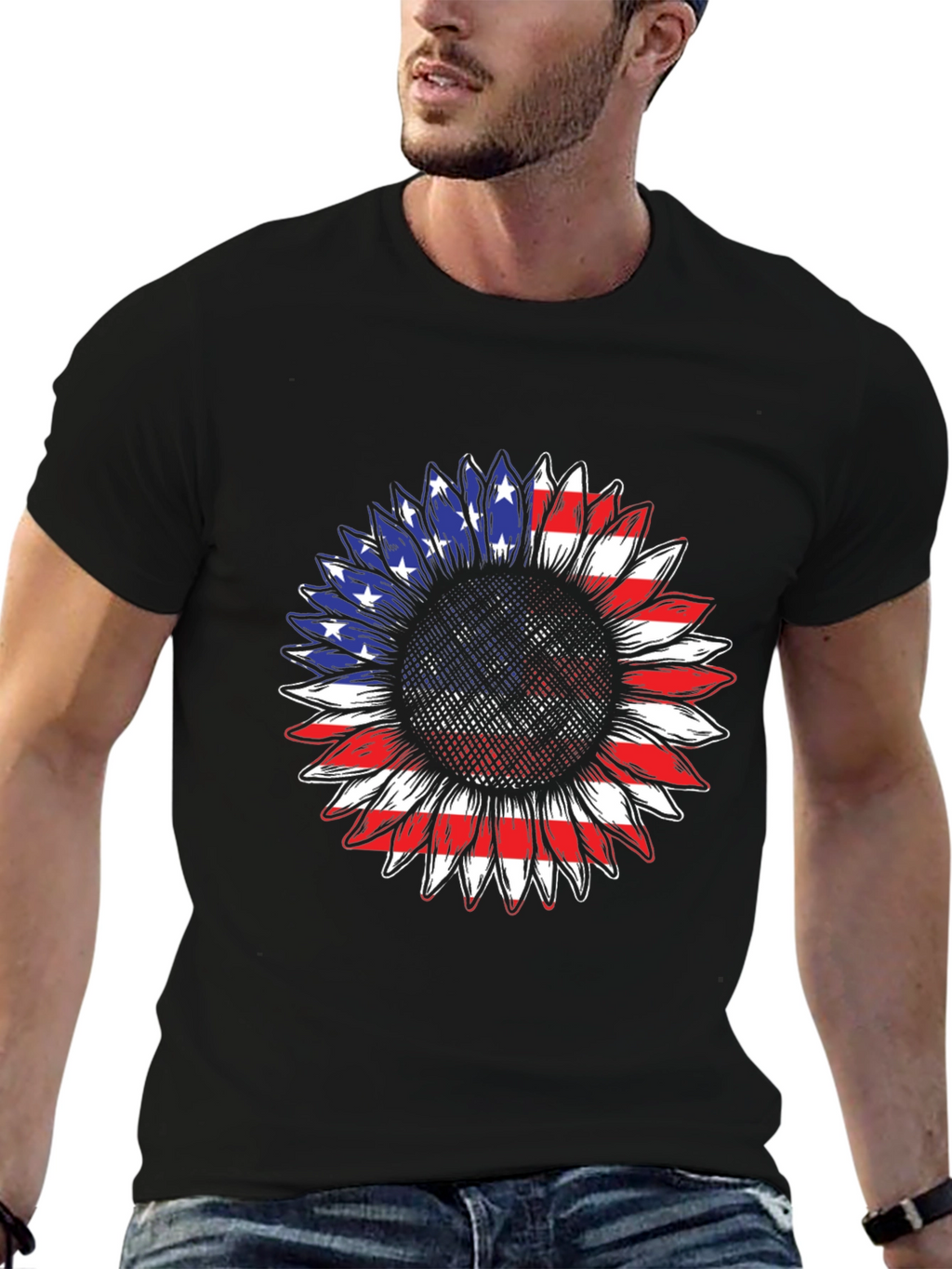 American Flag Sunflower T-Shirt - Patriotic Design