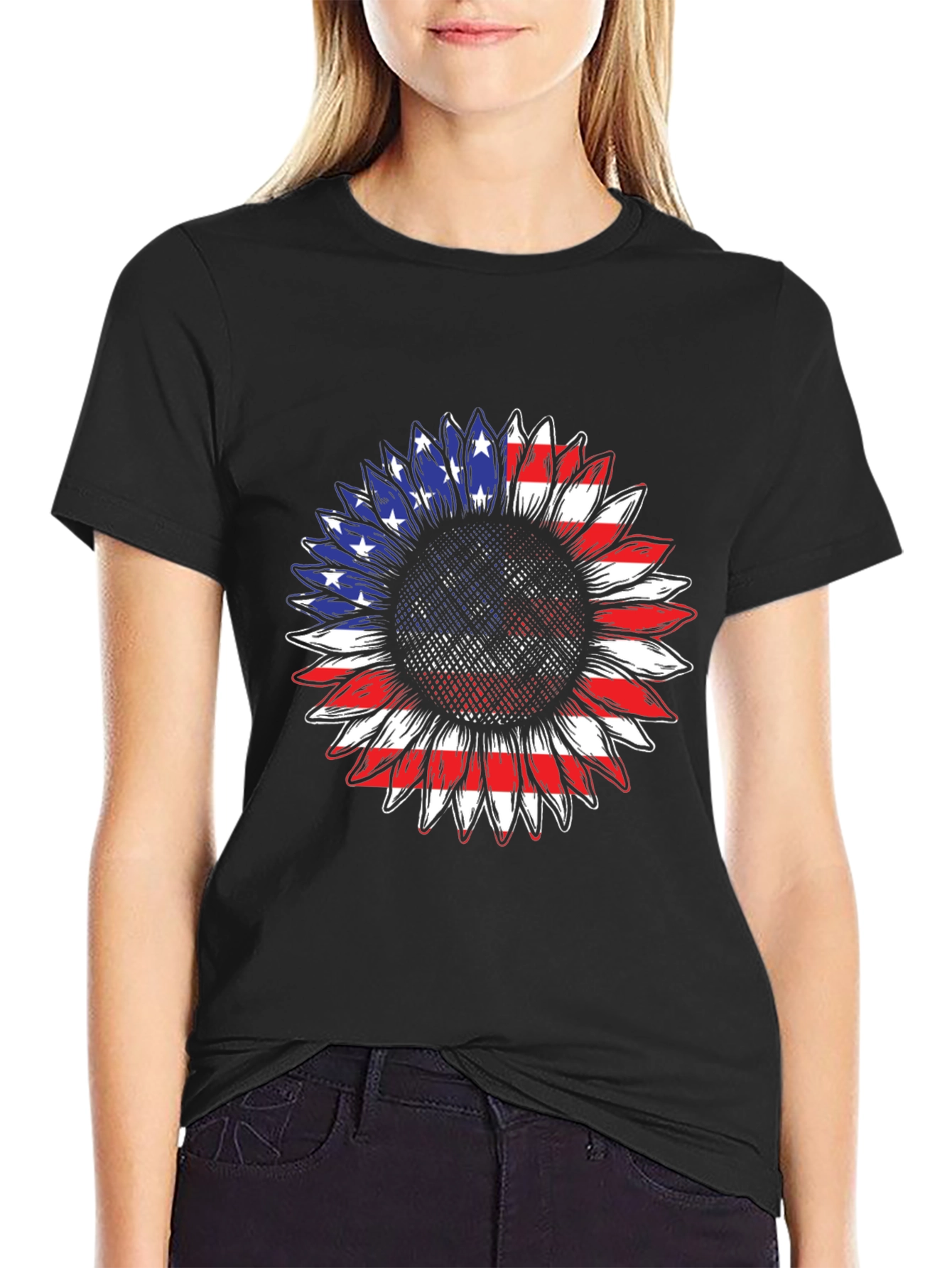 American Flag Sunflower T-Shirt - Patriotic Design