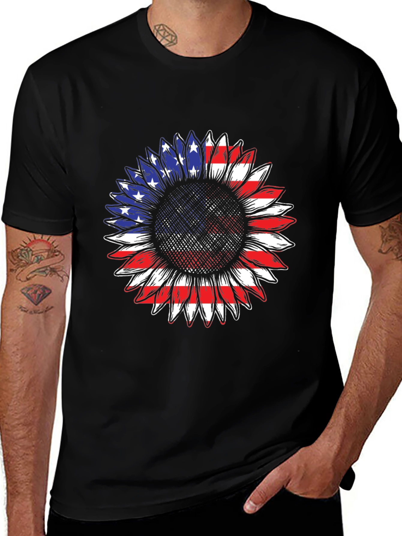 American Flag Sunflower T-Shirt - Patriotic Design